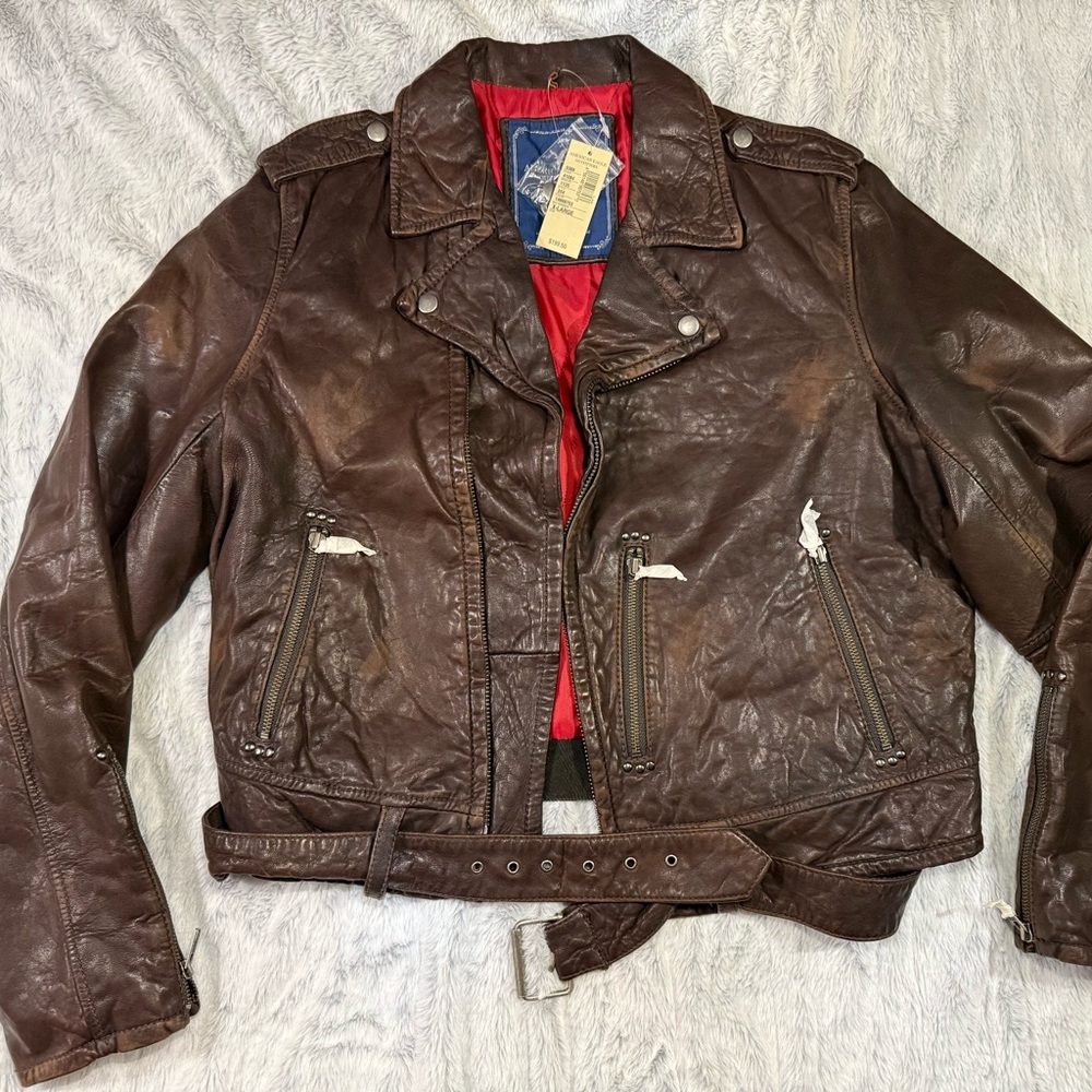 American Eagle Outfitters Brown Leather Biker Jacket with Distressed Finish